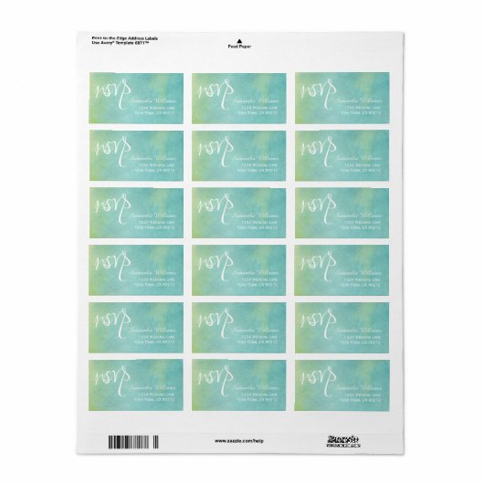 Blauw Groen Waterverf Bruiloft RSVP Labels (Full Sheet)