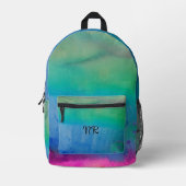 Blauw Groen Waterverf Elegant Artsy Monogram Meisj Bedrukte Rugzak (Voorkant)