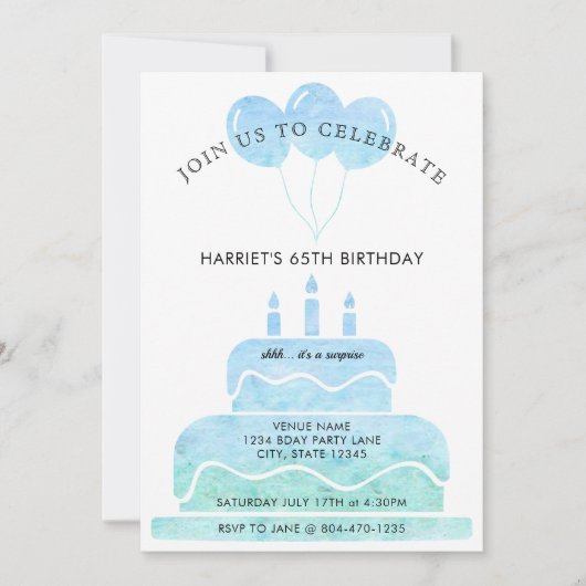 Blauw Groen Waterverf Taartballonnen 65e Verjaarda Kaart (Voorkant)