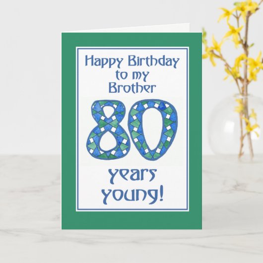 Blauw, groen, wit 80ste verjaardag voor broeder kaart (Gele Bloem)