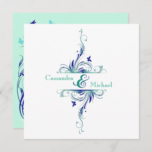 Blauw Groen Wit Aqua Bloemen Bruiloft Uitnodiging (Voorkant / Achterkant)