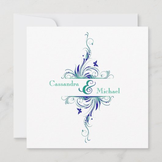 Blauw Groen Wit Aqua Bloemen Bruiloft Uitnodiging (Voorkant)