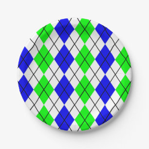 Blauw Groen Wit Argyle Diamant Design  Papieren Bordje