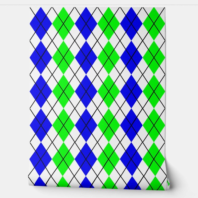 Blauw Groen Wit Argyle Diamant Ontwerp  Behang (Afrollen)