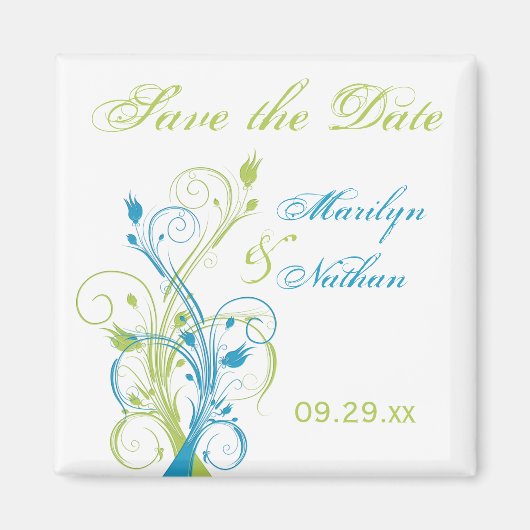 Blauw Groen Wit Bloemen Save the Date Magnet (Voorkant)
