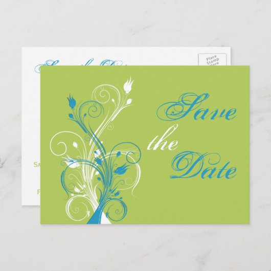 Blauw Groen Wit Bloemen Save the Date Post Kaart (Voorkant / Achterkant)