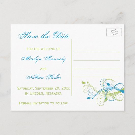 Blauw Groen Wit Bloemen Save the Date Post Kaart (Achterkant)
