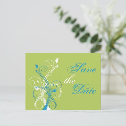 Blauw Groen Wit Bloemen Save the Date Post Kaart (Staand voorkant)