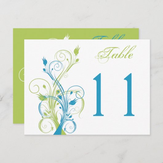 Blauw Groen Wit Bloemen Tafelnummer Briefkaart (Voorkant / Achterkant)