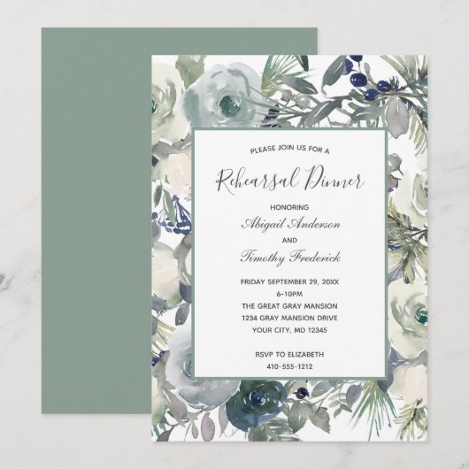 Blauw Groen Wit Bloemig Elegant Proefdiner Kaart (Voorkant / Achterkant)