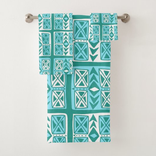 Blauw groen-wit geometrisch patroon bad handdoek (Insitu)