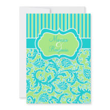 Blauw Groen Wit Gestreept Damaskbruiloftsuitnodigi