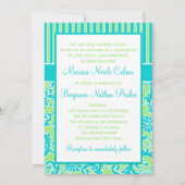 Blauw Groen Wit Gestreept Damaskbruiloftsuitnodigi Kaart (Achterkant)