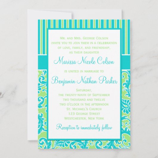Blauw Groen Wit Gestreept Damaskbruiloftsuitnodigi Kaart (Achterkant)