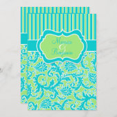 Blauw Groen Wit Gestreept Damaskbruiloftsuitnodigi Kaart (Voorkant / Achterkant)