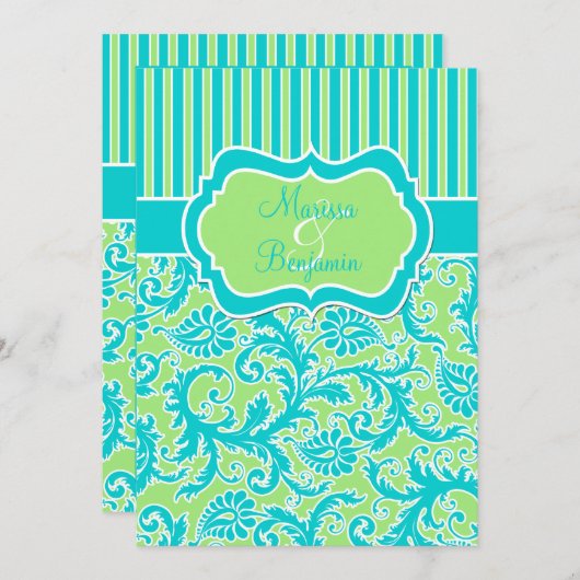 Blauw Groen Wit Gestreept Damaskbruiloftsuitnodigi Kaart (Voorkant / Achterkant)