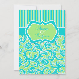 Blauw Groen Wit Gestreept Damaskbruiloftsuitnodigi Kaart