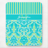 Blauw Groen Wit Gestreept Damast Monogram Muismat (Voorkant)