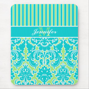 Blauw Groen Wit Gestreept Damast Monogram Muismat