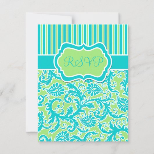 Blauw groen wit gestreepte Damask antwoordkaart Kaart (Voorkant)