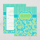 Blauw groen wit gestreepte Damask antwoordkaart Kaart (Voorkant / Achterkant)