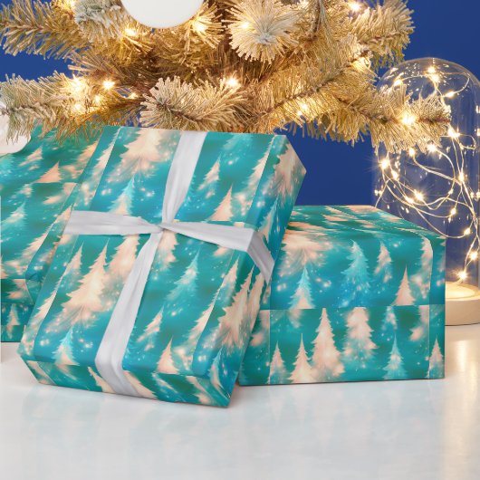 Blauw Groen Witte Bomen Modern Kerstmis Cadeaupapier (Feestdagen)