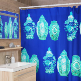 Blauw Groen Witte Elegante Monogram Porseleinen Va Douchegordijn