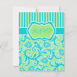 Blauw Groen Witte Gestreepte Damast Antwoordkaart Kaart