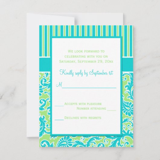 Blauw Groen Witte Gestreepte Damast Antwoordkaart Kaart (Achterkant)