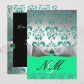 BLAUW GROEN  WITTE LINT  ZWARTE DAMAST MONOGRAM KAART (Voorkant / Achterkant)