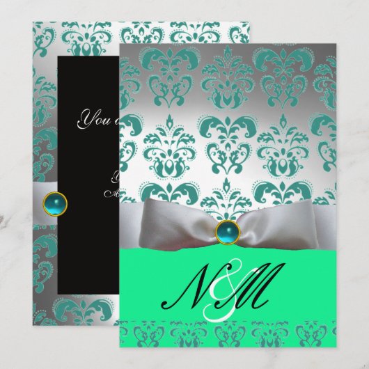 BLAUW GROEN WITTE LINT ZWARTE DAMAST MONOGRAM KAART (Voorkant / Achterkant)