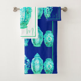Blauw Groen Witte Monogram Elegante Gemberpot  Bad Handdoek