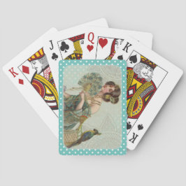 Blauw Groen Witte Stippen Vintage Dame en Papegaai Pokerkaarten