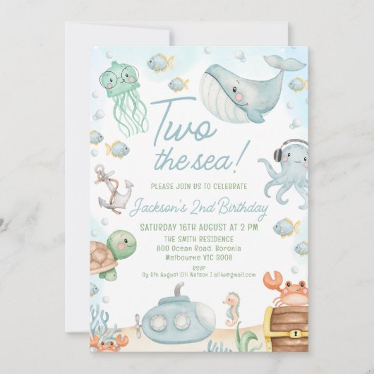 Blauw Groen Zee Wezens Twee Het Zee 2e Verjaardag Kaart (Voorkant)