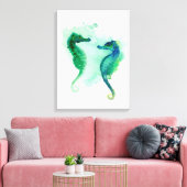 Blauw groen zeepaardjes wit canvas zeepaardje (Insitu (Woonkamer))