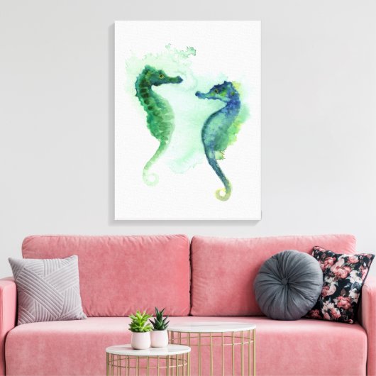 Blauw groen zeepaardjes wit canvas zeepaardje afdruk (Insitu (Woonkamer))