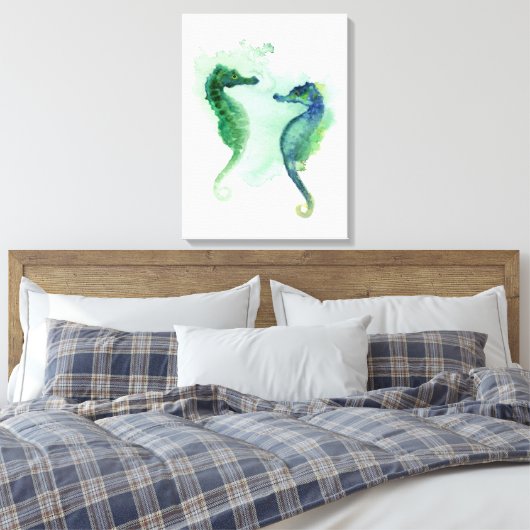 Blauw groen zeepaardjes wit canvas zeepaardje afdruk (Insitu (Slaapkamer))