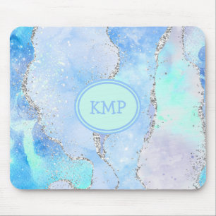 Blauw Groen Zilver Glitter Marmer Draaikolk Monogr Muismat