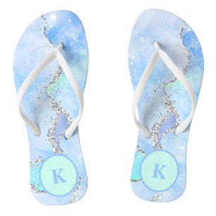 Blauw Groen Zilver Glitter Marmer Wervel Monogram Teenslippers