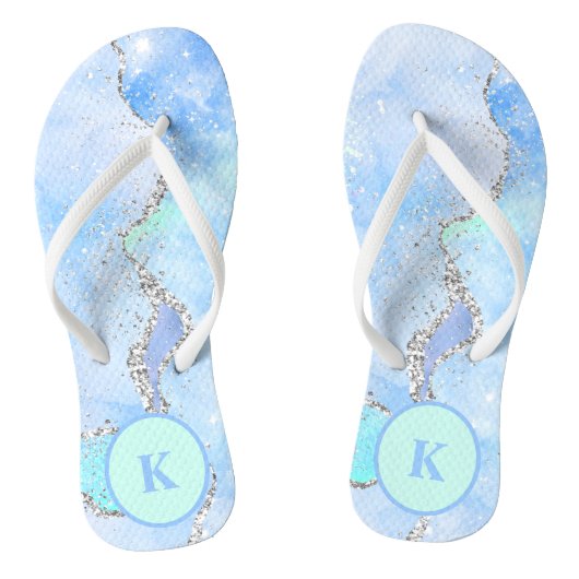 Blauw Groen Zilver Glitter Marmer Wervel Monogram Teenslippers (Voetbed)