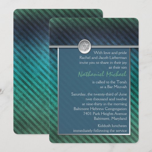 Blauw, groen, zilver Striped Bar Mitzvah Uitnodigi Kaart (Voorkant / Achterkant)