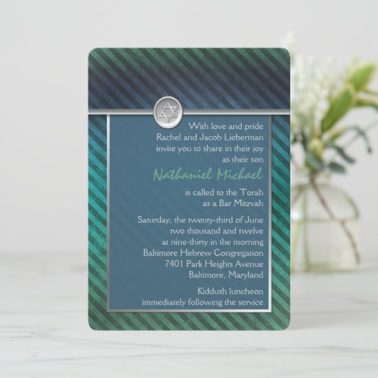 Blauw, groen, zilver Striped Bar Mitzvah Uitnodigi Kaart (Staand voorkant)