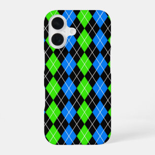Blauw Groen Zwart Argyle Diamond Design iPhone 16 Hoesje