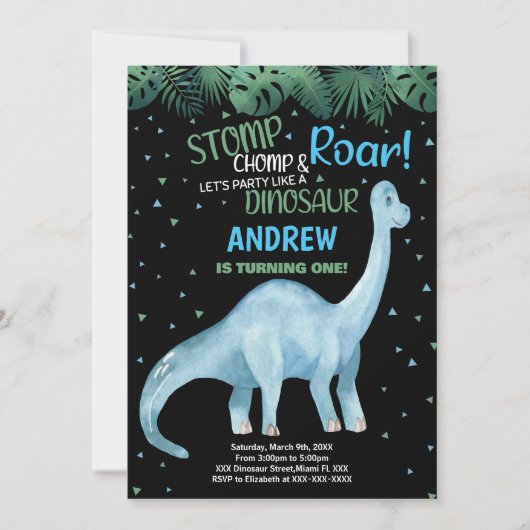 Blauw Groen Zwart Dinosaurus Verjaardag Uitnodigin Kaart (Voorkant)