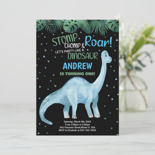 Blauw Groen Zwart Dinosaurus Verjaardag Uitnodigin Kaart (Staand voorkant)