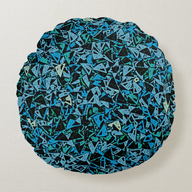 Blauw Groen Zwart Driehoek Naadloos Patroon Rond Kussen (Voorkant)