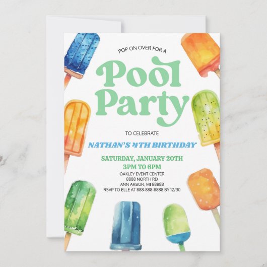 Blauw Groen Zwembad Party Popsicle Verjaardagsfees Kaart (Voorkant)