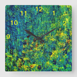 Blauw Groene Abstracte Bloemen Vierkante Wandklok