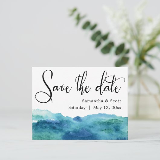Blauw groene Aqua Waterverf Modern Sparen de Datum Aankondigingskaart (Staand voorkant)