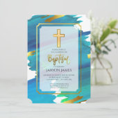 Blauw groene aquarel jongens doop uitnodiging (Staand voorkant)